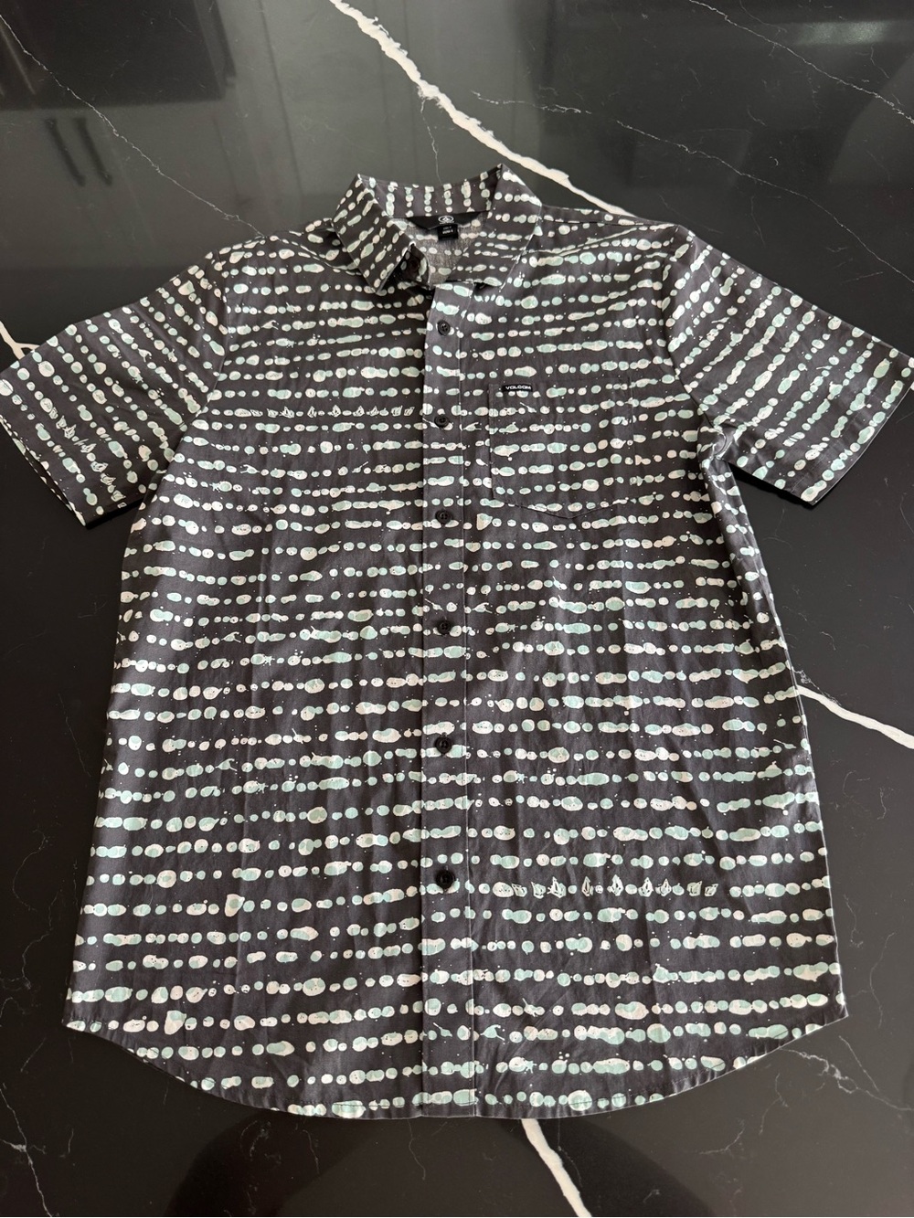 Volcom Black Short-Sleeve Button-Up Shirt with Mint Dot Stripes